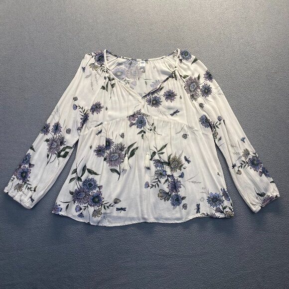 Old Navy White Floral Swing Top Boho Sheer Long Balloon Sleeve V Neck Sz Large - Picture 1 of 8